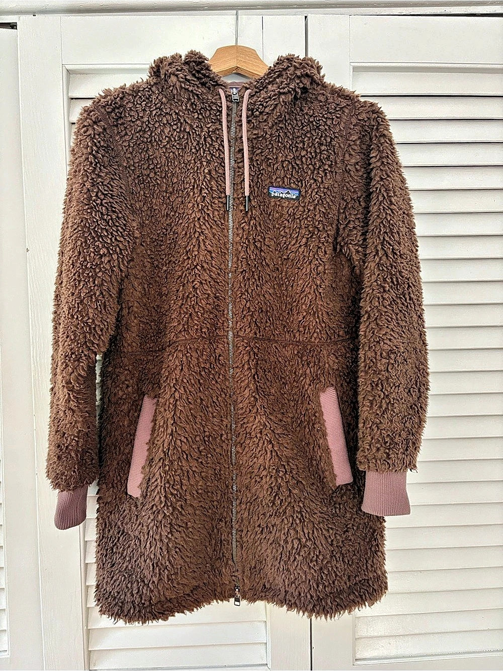 Patagonia Dusty Mesa Parka Brown Teddy Fleece Hooded Coat - Size Small